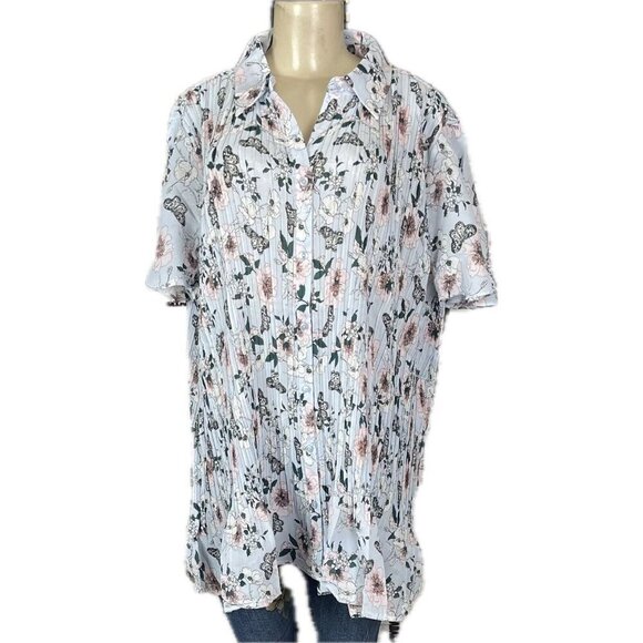 Only Necessities +22/24 Blue Floral Butterfly Pleated Button Short Sleeve Blouse - Picture 2 of 6